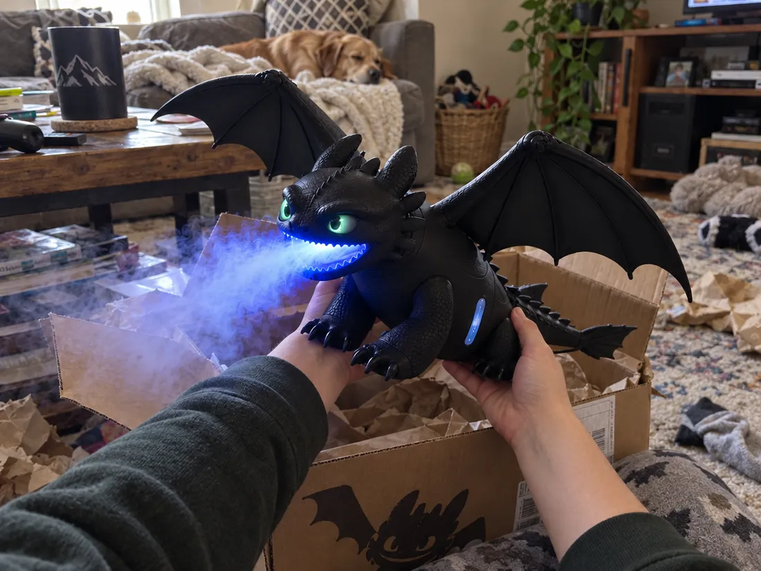 Someone opening a Night Mist dragon as a gift