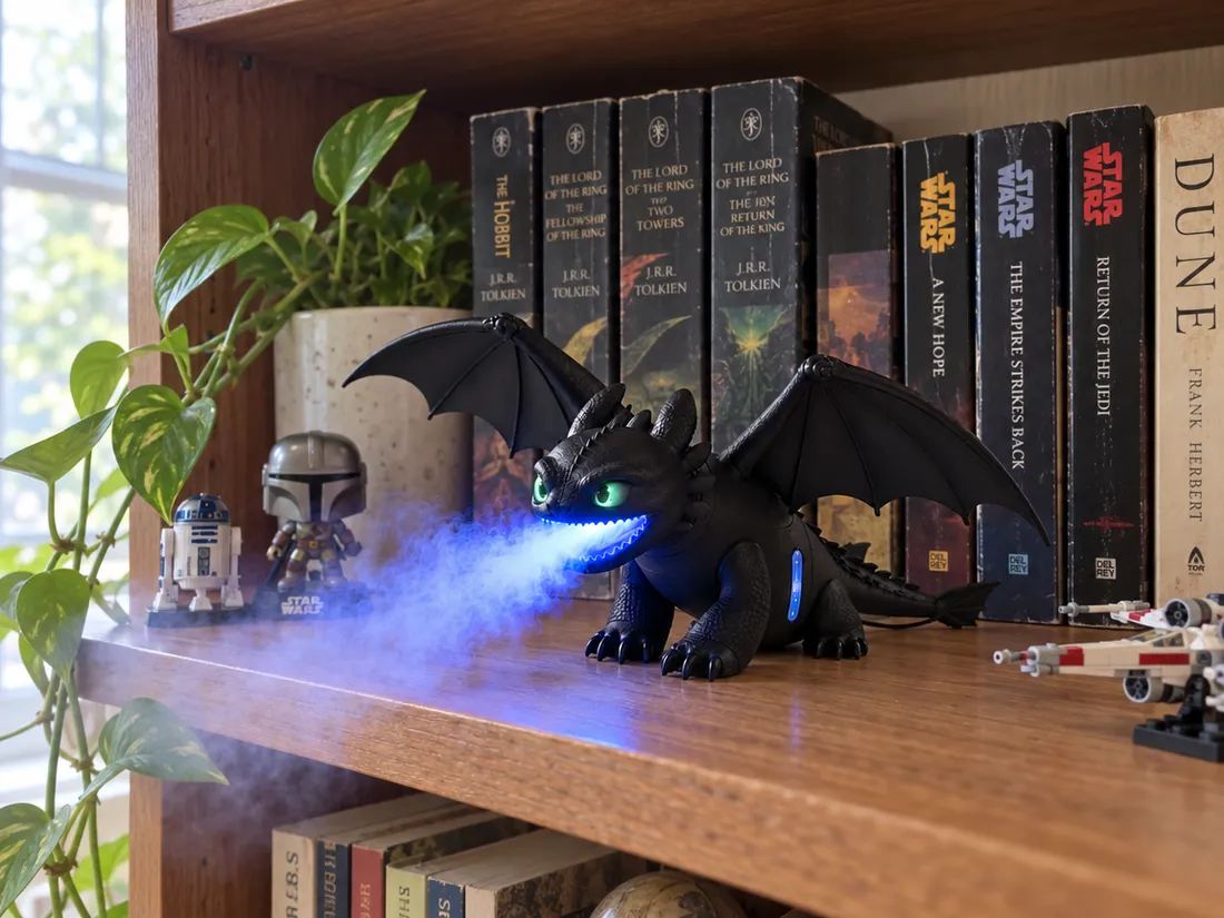 Night Mist dragon on a bookshelf next to fantasy books
